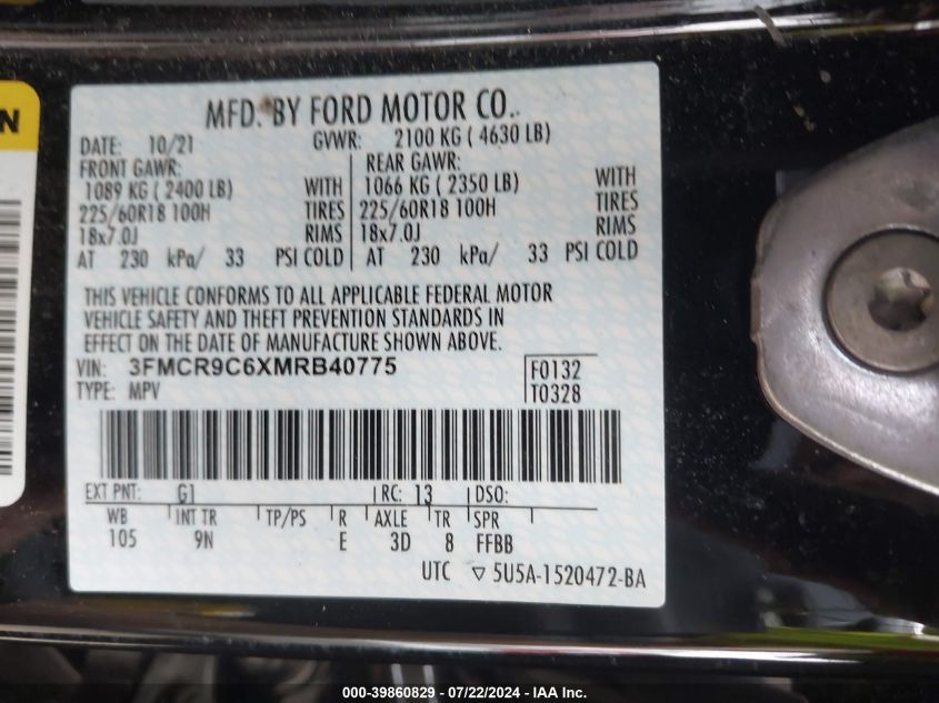 2021 Ford Bronco Sport Outer Banks VIN: 3FMCR9C6XMRB40775 Lot: 39860829