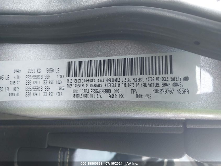 2016 Jeep Cherokee Altitude VIN: 1C4PJLAB5GW376889 Lot: 39860839