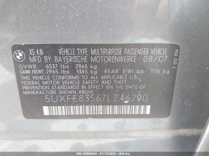 2007 BMW X5 4.8I VIN: 5UXFE83567LZ46290 Lot: 39860843