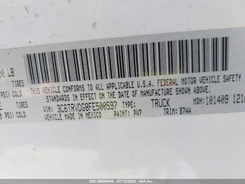 2015 Ram Promaster 2500 High Roof VIN: 3C6TRVDG8FE500597 Lot: 39860846