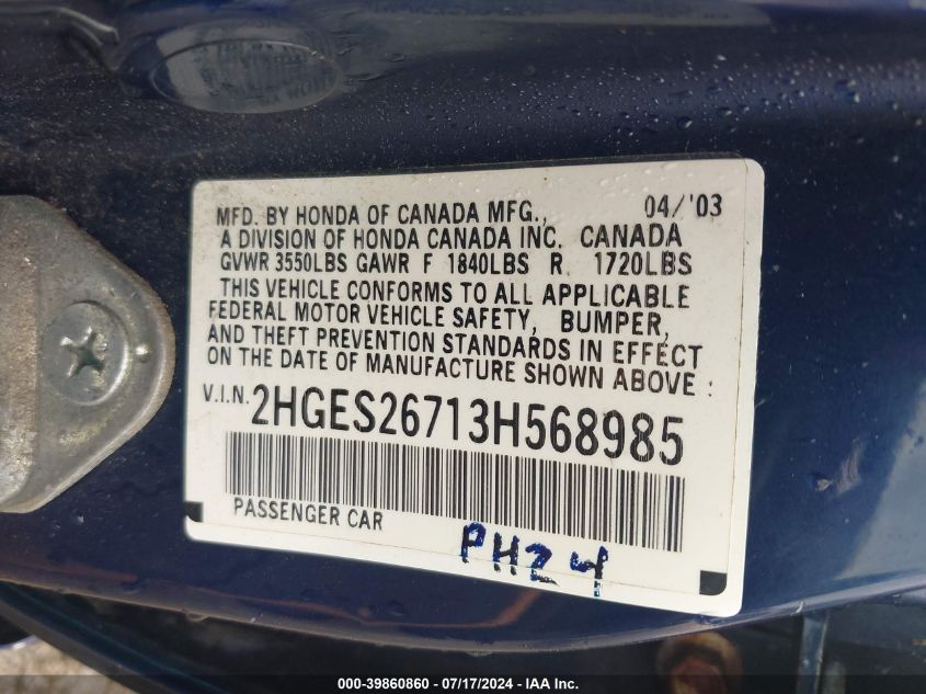 2003 Honda Civic Ex VIN: 2HGES26713H568985 Lot: 39860860