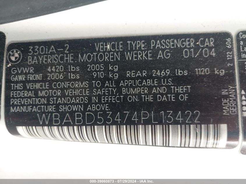 2004 BMW 330 Ci VIN: WBABD53474PL13422 Lot: 39860873