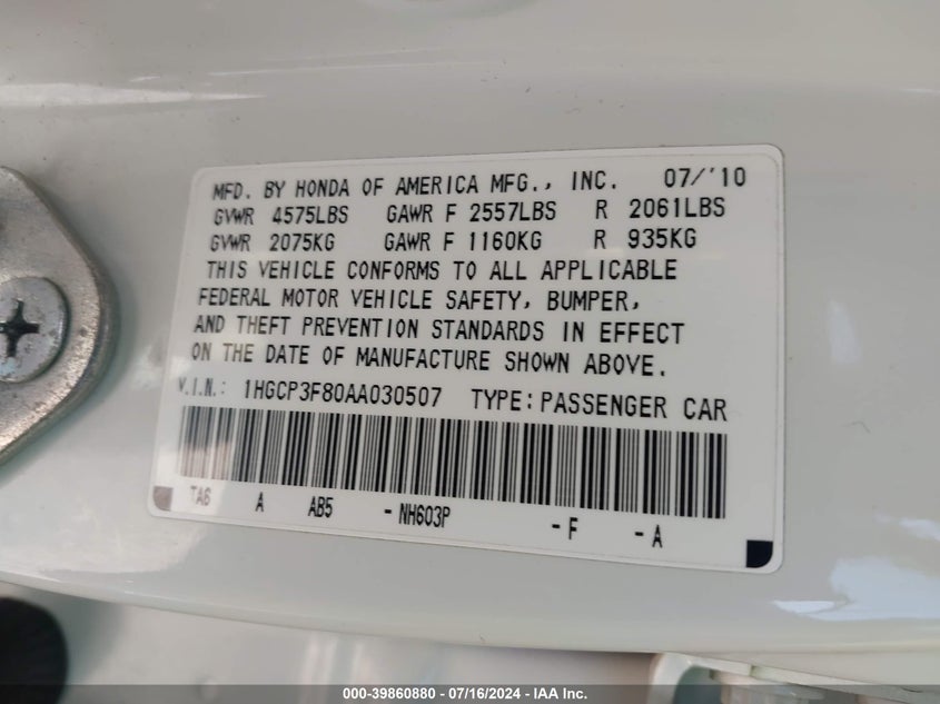 2010 Honda Accord 3.5 Ex-L VIN: 1HGCP3F80AA030507 Lot: 39860880