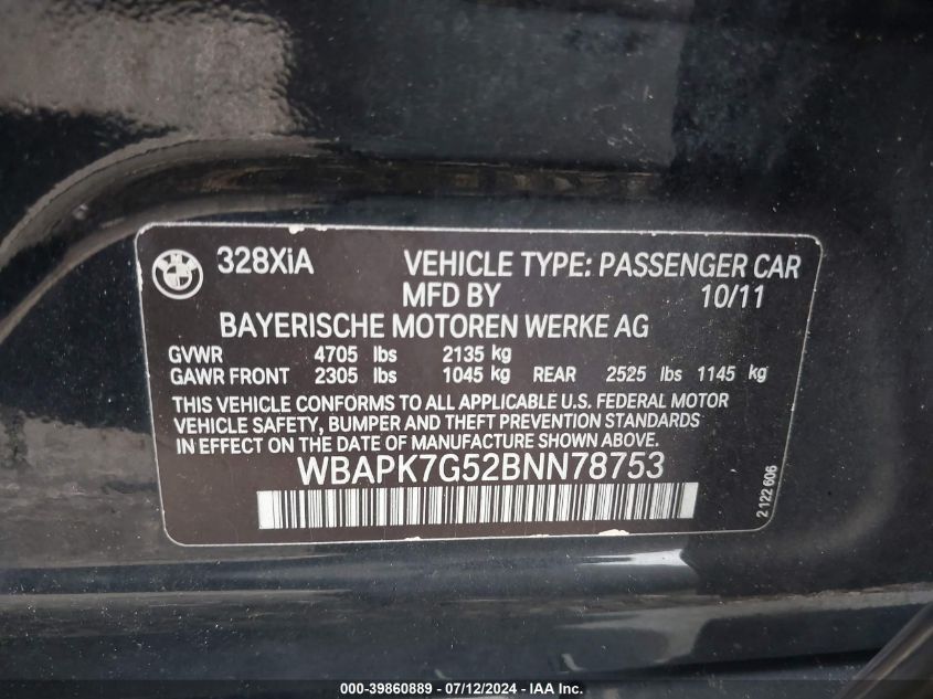 WBAPK7G52BNN78753 | 2011 BMW 328I