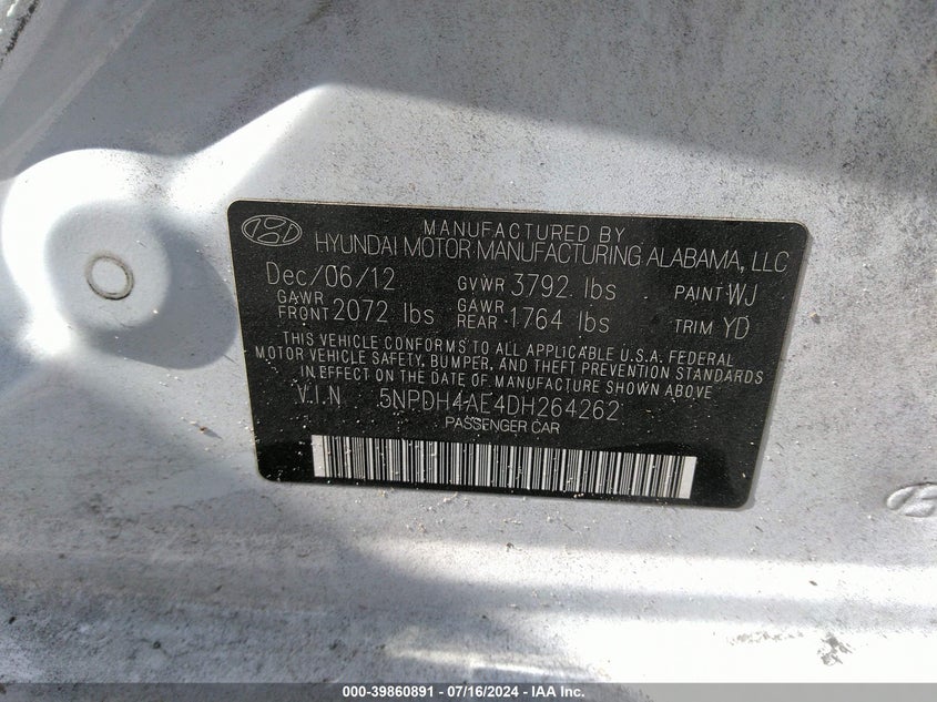 2013 Hyundai Elantra Gls VIN: 5NPDH4AE4DH264262 Lot: 39860891