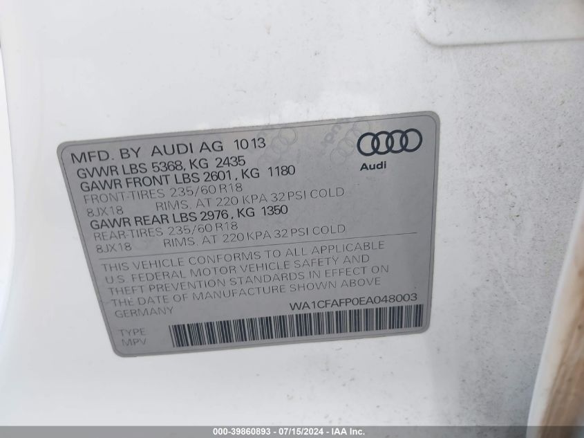 2014 Audi Q5 2.0T Premium VIN: WA1CFAFP0EA048003 Lot: 39860893