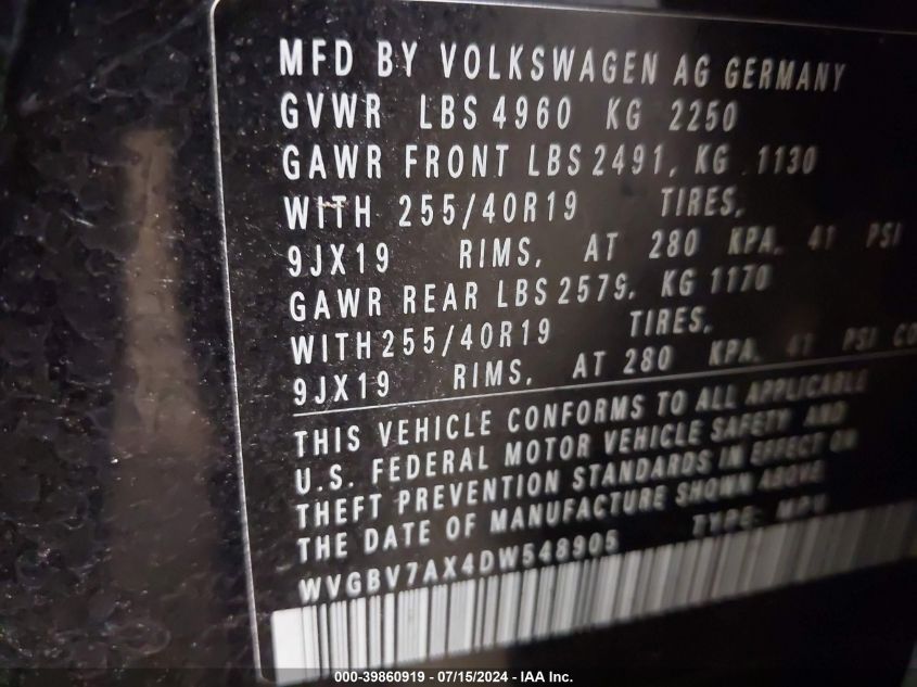 2013 Volkswagen Tiguan Sel VIN: WVGBV7AX4DW548905 Lot: 39860919