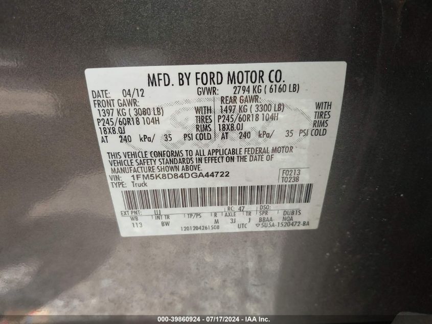 2013 Ford Explorer Xlt VIN: 1FM5K8D84DGA44722 Lot: 39860924