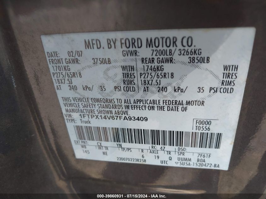 2007 Ford F-150 Fx4/Lariat/Xl/Xlt VIN: 1FTPX14V67FA93409 Lot: 39860931