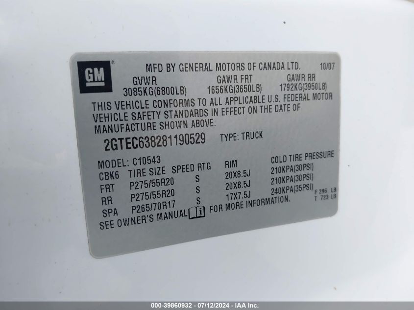 2008 GMC New Sierra C1500 Denali VIN: 2GTEC638281190529 Lot: 39860932