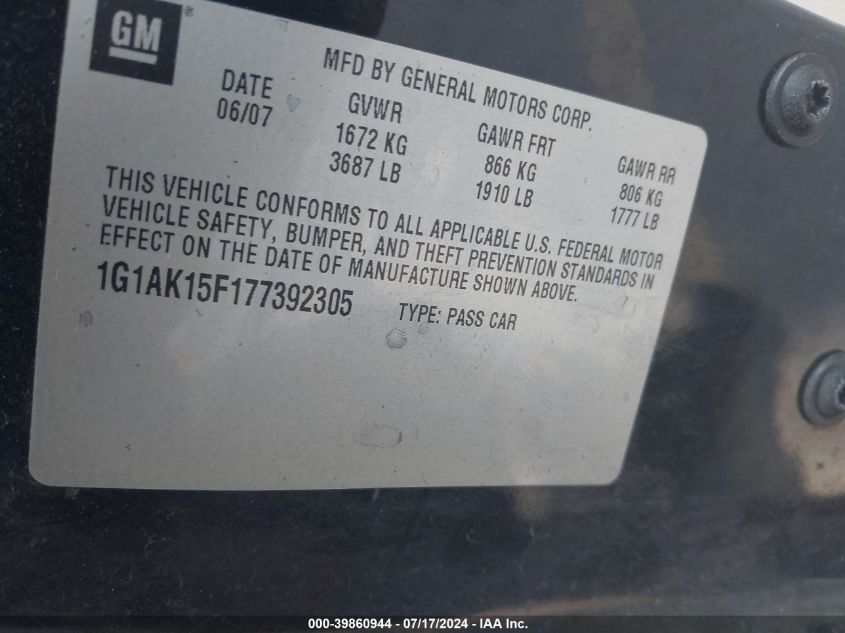 2007 Chevrolet Cobalt Ls VIN: 1G1AK15F177392305 Lot: 39860944