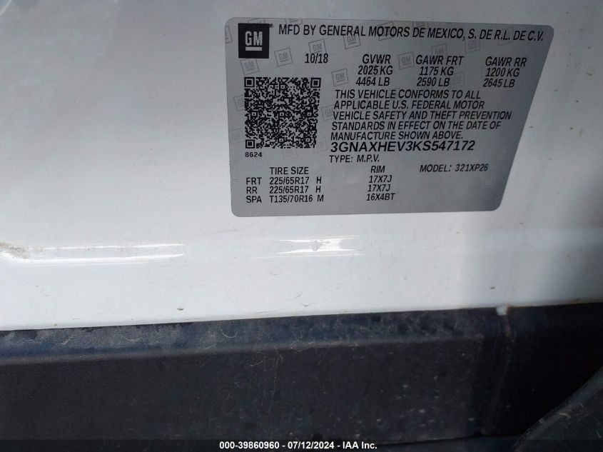 2019 Chevrolet Equinox Ls VIN: 3GNAXHEV3KS547172 Lot: 39860960