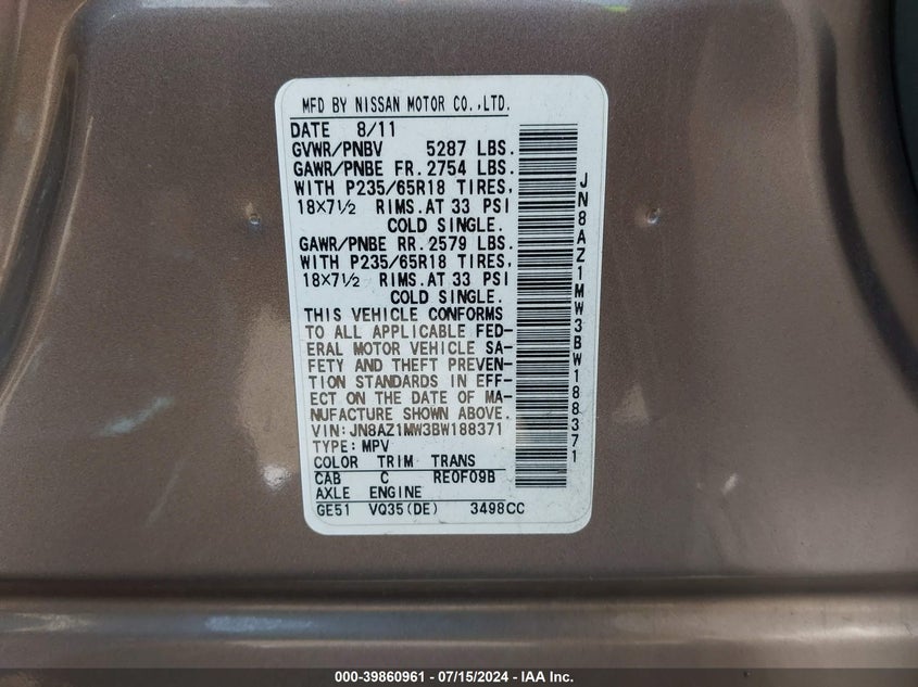 2011 Nissan Murano Sl VIN: JN8AZ1MW3BW188371 Lot: 39860961