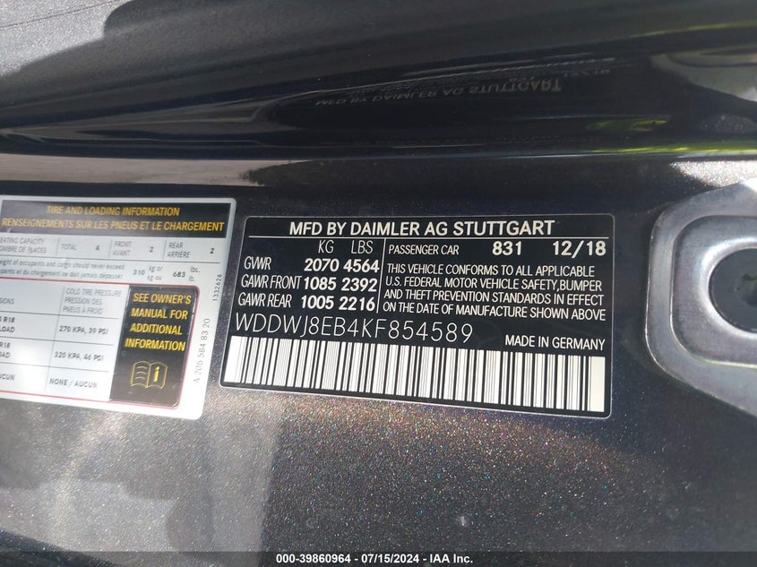 2019 MERCEDES-BENZ C 300 4MATIC VIN: WDDWJ8EB4KF854589