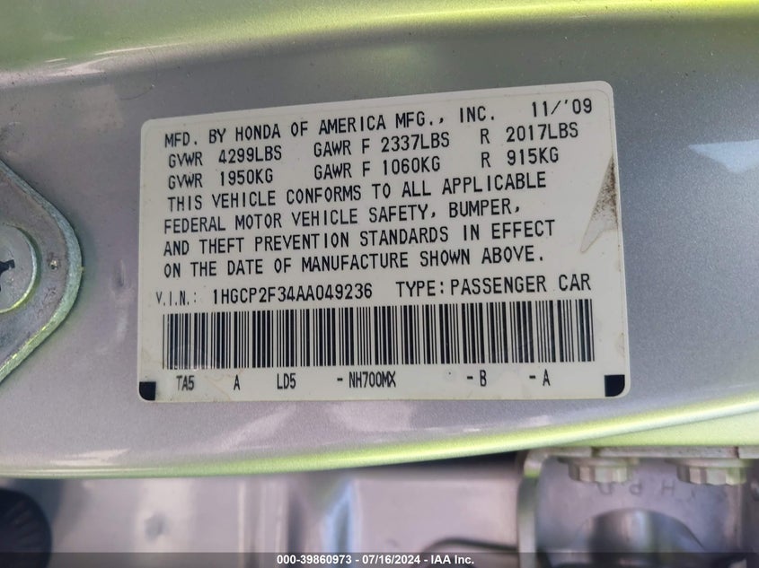 2010 Honda Accord Lx VIN: 1HGCP2F34AA049236 Lot: 39860973