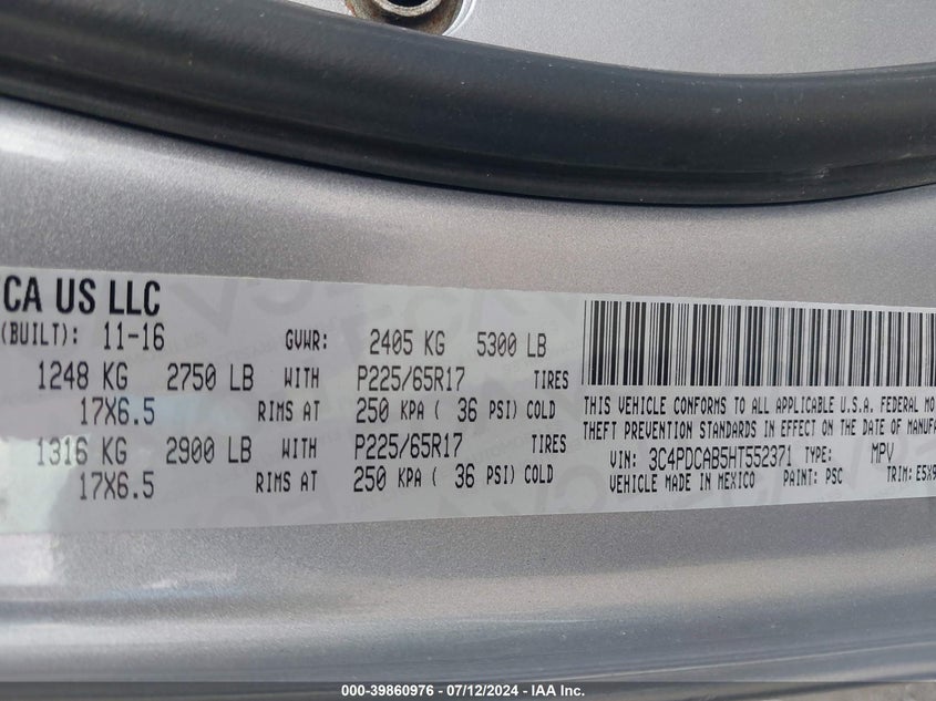 VIN 3C4PDCAB5HT552371 2017 DODGE JOURNEY SE