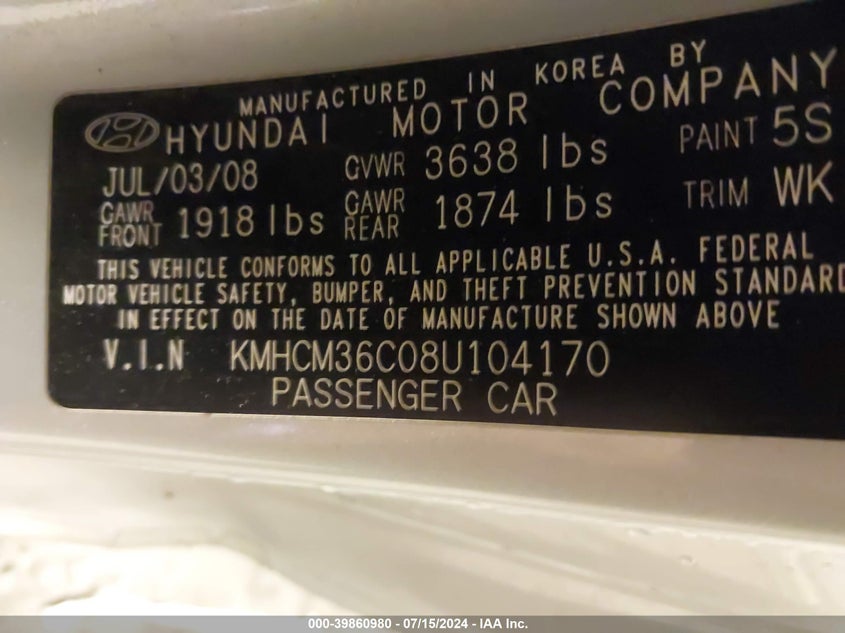 2008 Hyundai Accent Gs VIN: KMHCM36C08U104170 Lot: 39860980
