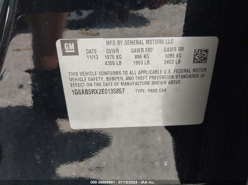 2014 Cadillac Ats Luxury VIN: 1G6AB5RX2E0135857 Lot: 39860991