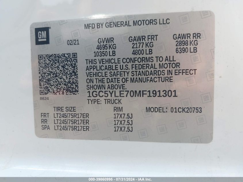 2021 Chevrolet Silverado 2500Hd 4Wd Double Cab Standard Bed Wt VIN: 1GC5YLE70MF191301 Lot: 39860995