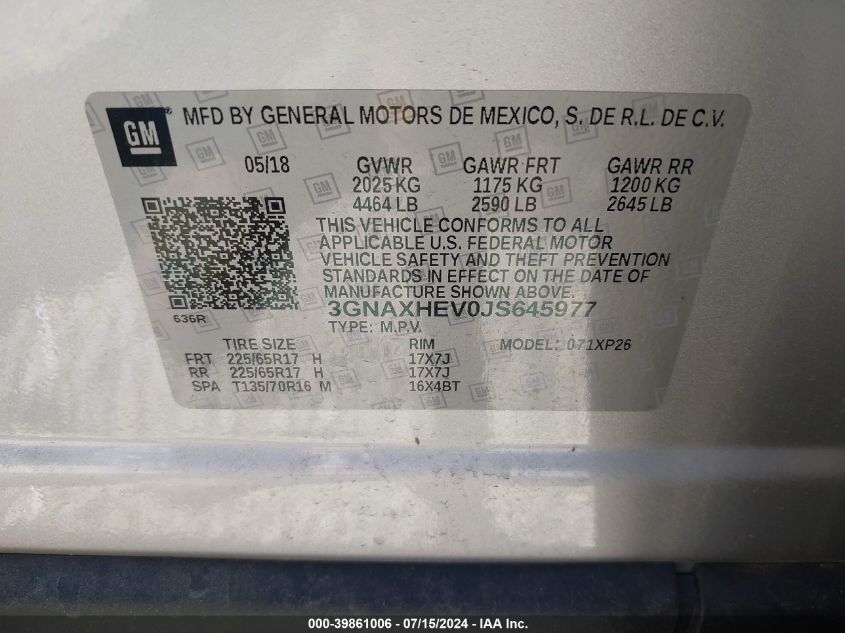 2018 Chevrolet Equinox Ls VIN: 3GNAXHEV0JS645977 Lot: 39861006