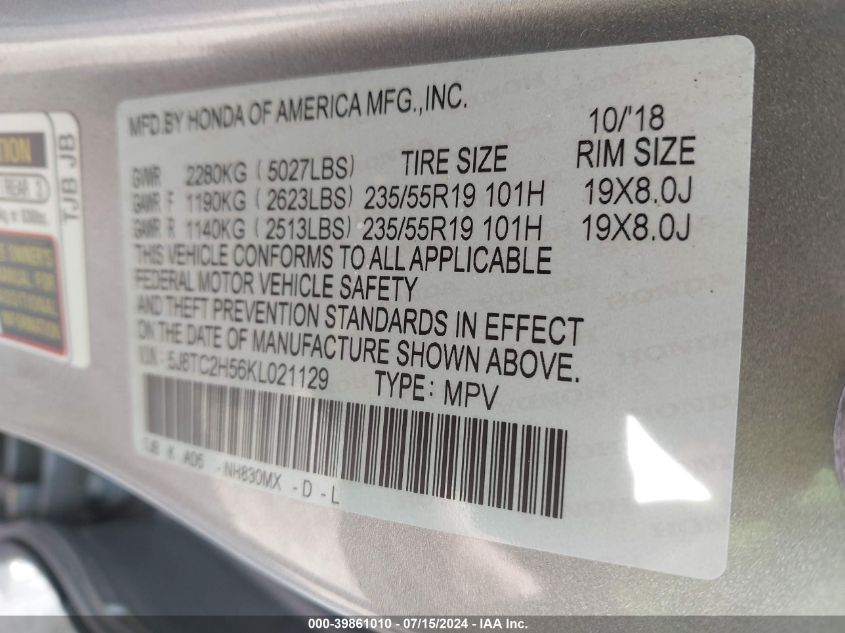 2019 Acura Rdx Technology Package VIN: 5J8TC2H56KL021129 Lot: 39861010