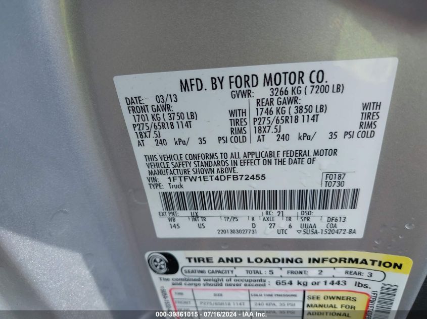 2013 Ford F-150 Supercrew VIN: 1FTFW1ET4DFB72455 Lot: 39861015