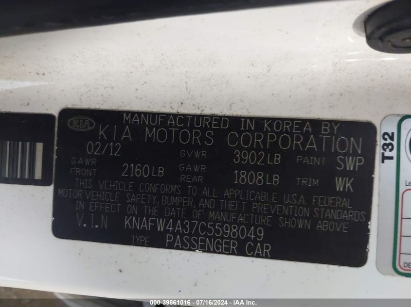 2012 Kia Forte Sx VIN: KNAFW4A37C5598049 Lot: 39861016