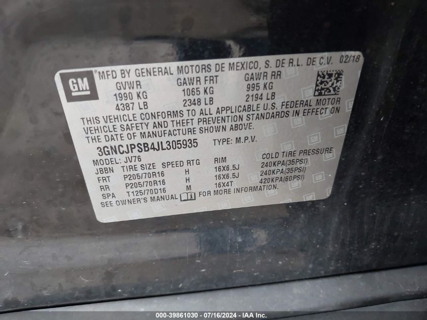 2018 Chevrolet Trax 1Lt VIN: 3GNCJPSB4JL305935 Lot: 39861030