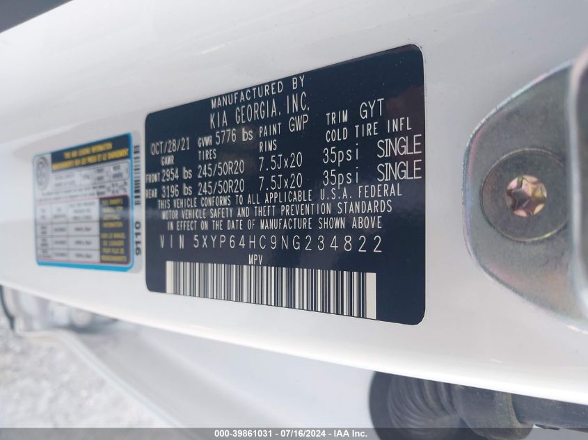 2022 Kia Telluride S VIN: 5XYP64HC9NG234822 Lot: 39861031