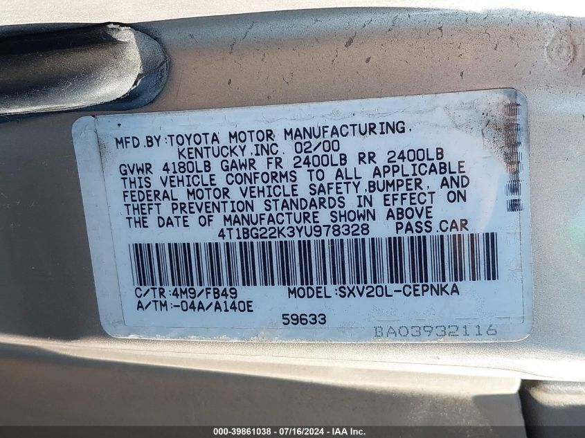 2000 Toyota Camry Le VIN: 4T1BG22K3YU978328 Lot: 39861038