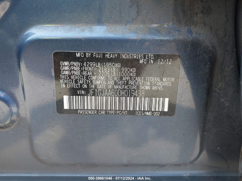 2013 Subaru Impreza 2.0I VIN: JF1GJAA60DH019438 Lot: 39861046