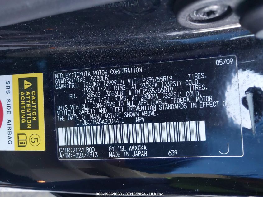 2010 Lexus Rx 450 VIN: JTJBC1BA5A2004415 Lot: 39861063