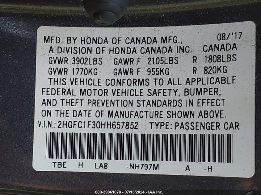 VIN 2HGFC1F30HH657852 2017 HONDA CIVIC EX