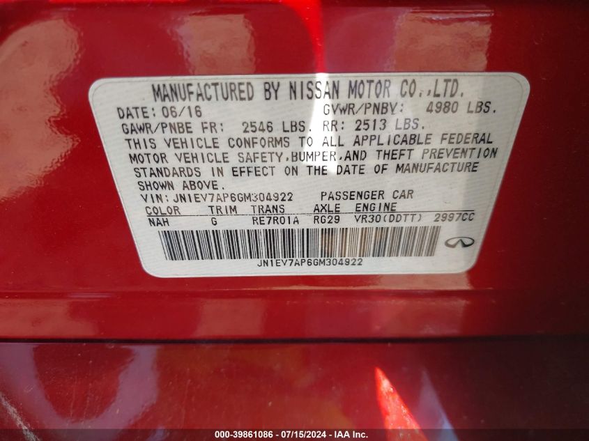 2016 Infiniti Q50 3.0T Premium VIN: JN1EV7AP6GM304922 Lot: 39861086