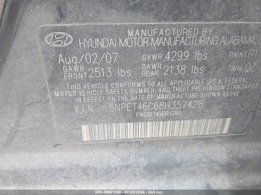 2008 Hyundai Sonata Gls VIN: 5NPET46C68H357428 Lot: 39861088