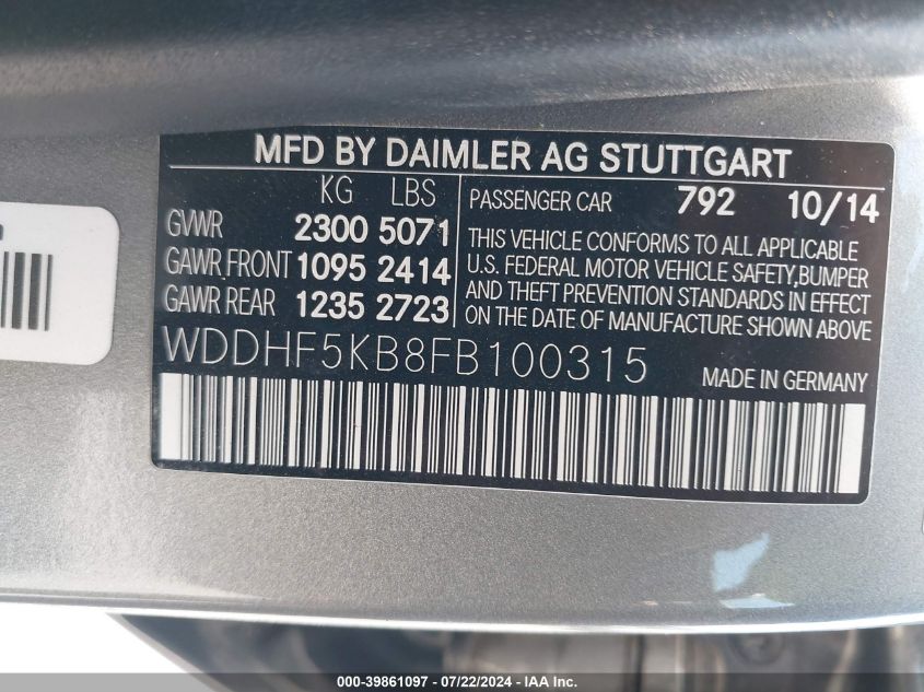 2015 MERCEDES-BENZ E 350 - WDDHF5KB8FB100315