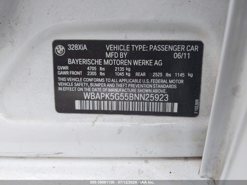 2011 BMW 328I xDrive VIN: WBAPK5G55BNN25923 Lot: 39861100
