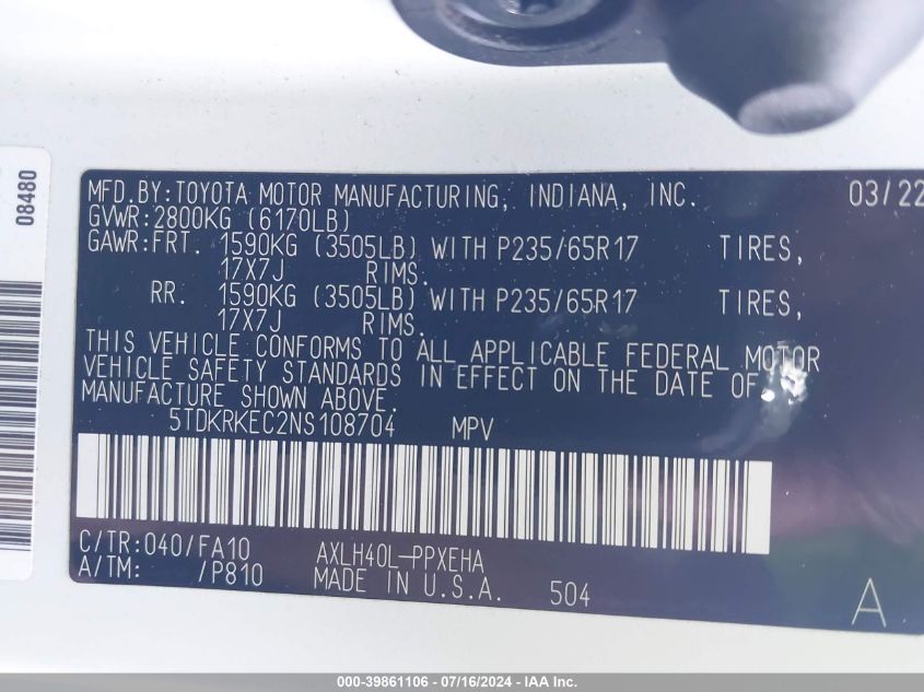 2022 Toyota Sienna Le VIN: 5TDKRKEC2NS108704 Lot: 39861106