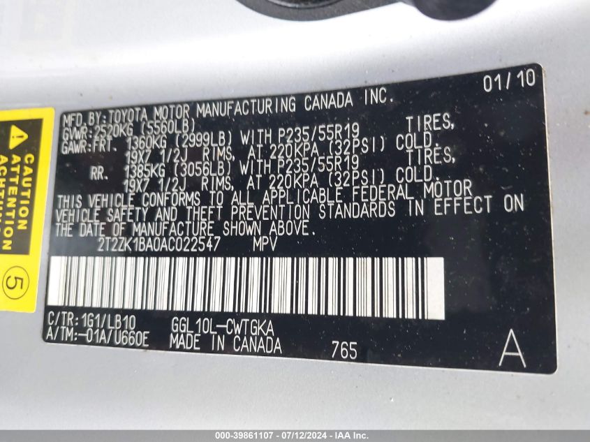 2010 Lexus Rx 350 350 VIN: 2T2ZK1BA0AC022547 Lot: 39861107