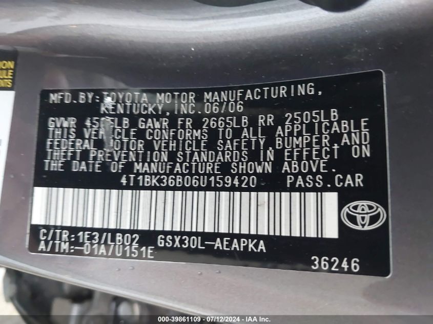 2006 Toyota Avalon Limited VIN: 4T1BK36B06U159420 Lot: 39861109