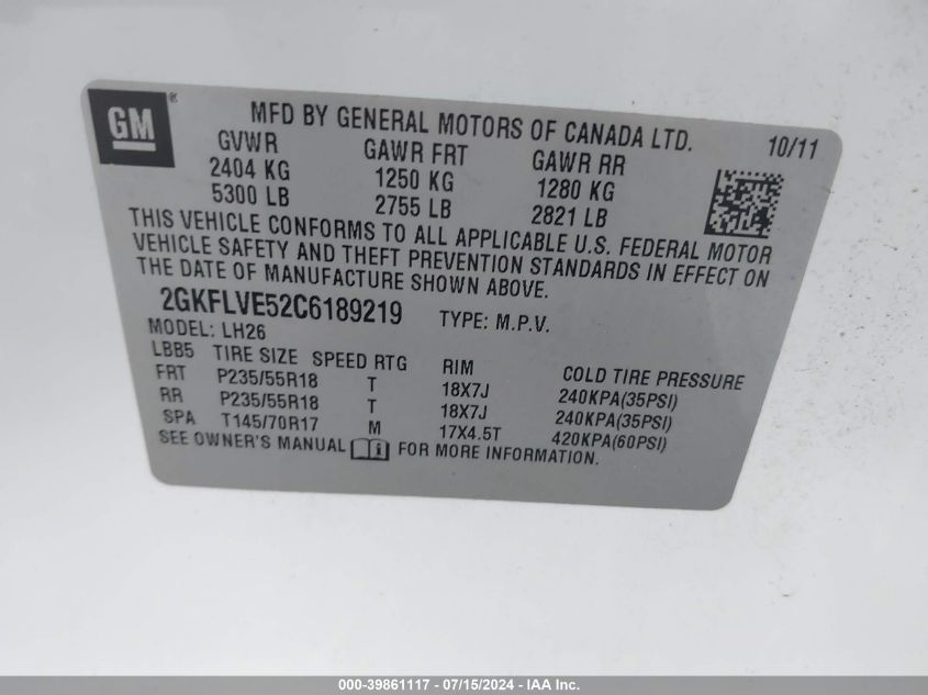 2012 GMC Terrain Slt-1 VIN: 2GKFLVE52C6189219 Lot: 39861117