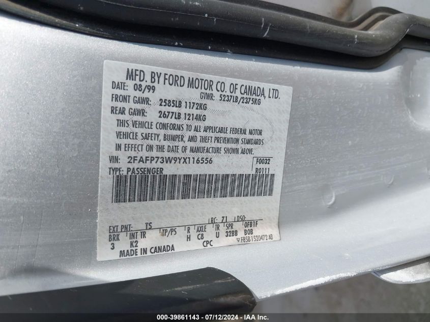 2000 Ford Crown Victoria VIN: 2FAFP73W9YX116556 Lot: 39861143