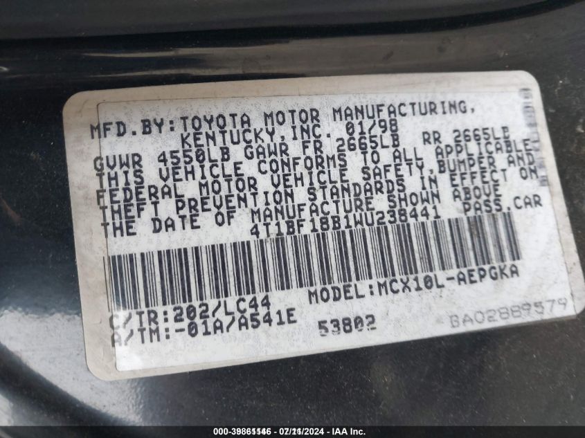 1998 Toyota Avalon Xls VIN: 4T1BF18B1WU238441 Lot: 39861146