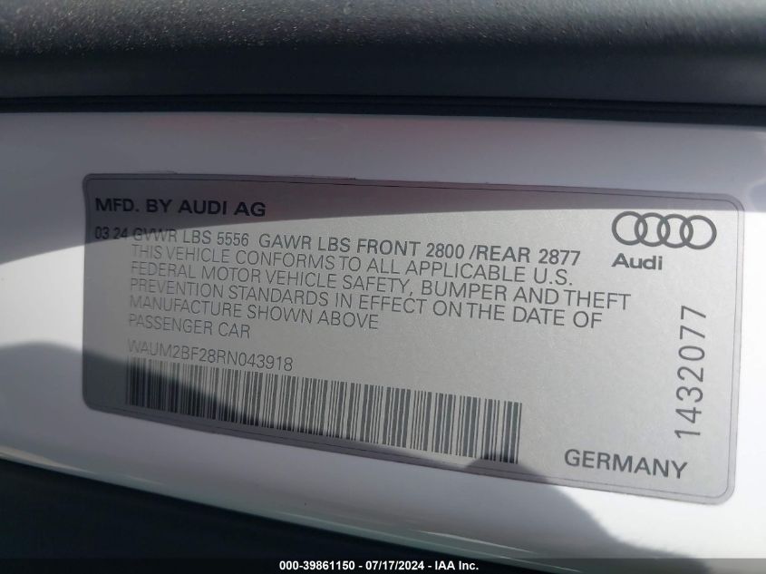 2024 Audi A6 Prestige 55 Tfsi Quattro S Tronic VIN: WAUM2BF28RN043918 Lot: 39861150