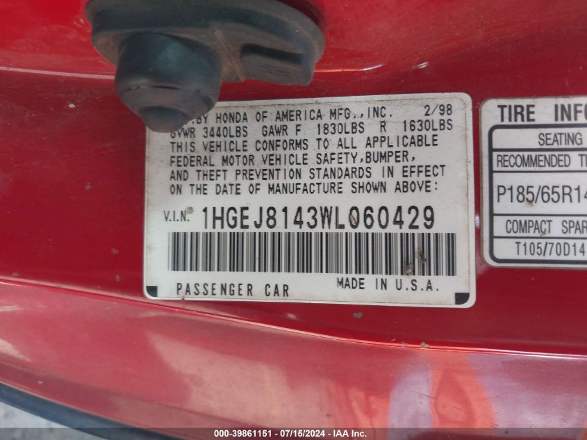 1998 Honda Civic Ex VIN: 1HGEJ8143WL060429 Lot: 39861151