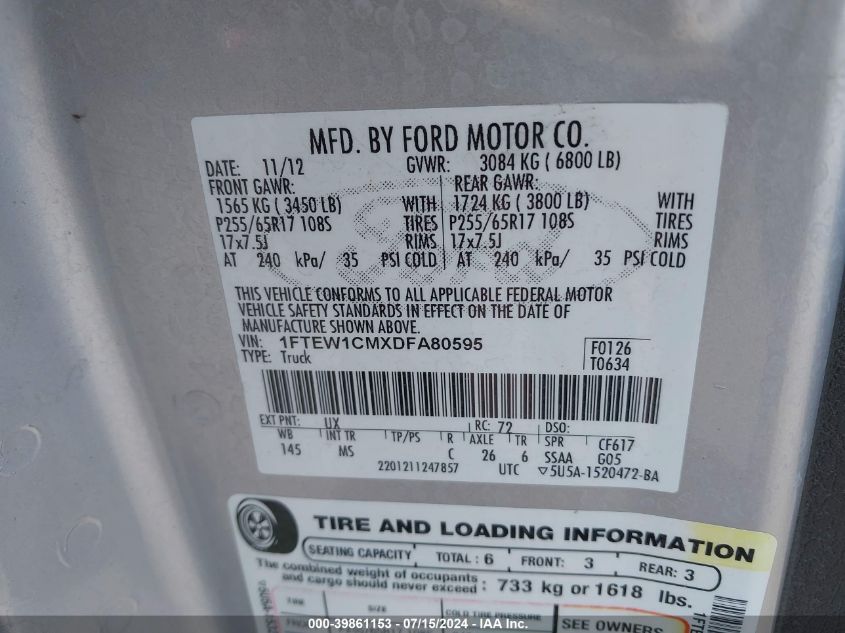 2013 Ford F150 Supercrew VIN: 1FTEW1CMXDFA80595 Lot: 39861153