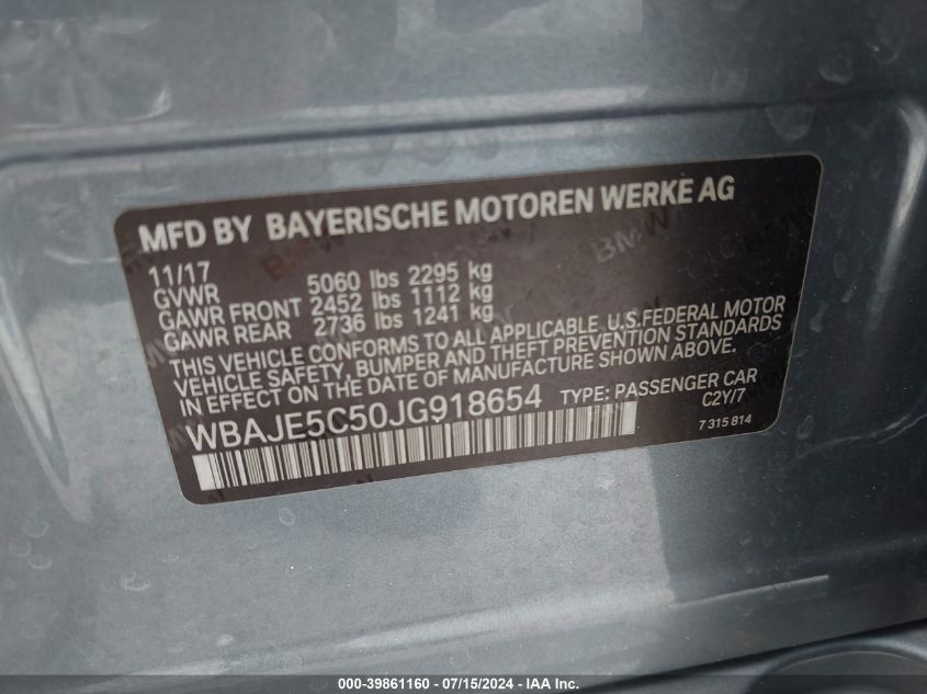 2018 BMW 540I VIN: WBAJE5C50JG918654 Lot: 39861160