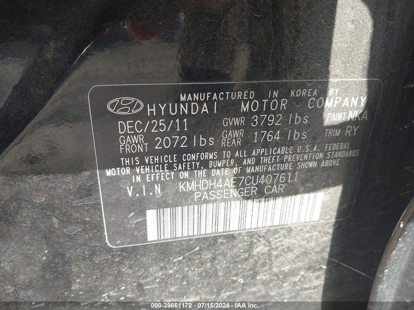 2012 Hyundai Elantra Limited (Ulsan Plant) VIN: KMHDH4AE7CU407611 Lot: 39861172