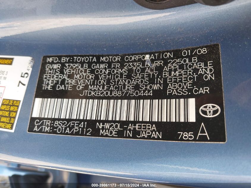 2008 Toyota Prius VIN: JTDKB20U887750444 Lot: 39861173