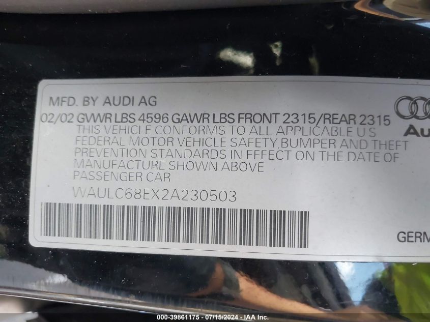 2002 Audi A4 1.8T VIN: WAULC68EX2A230503 Lot: 39861175